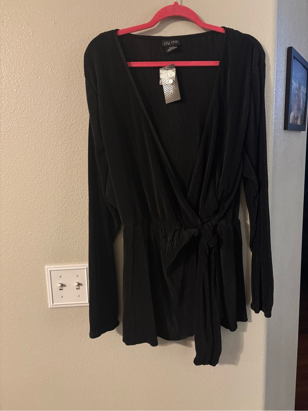 NWT City Chic Black Ribbed Plisse Faux Wrap Tie Waist Top Plus Size